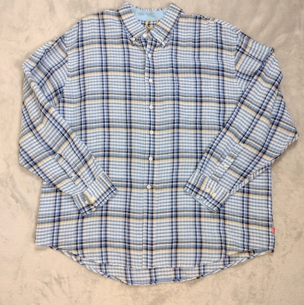 Izod Blue Plaid Linen Blend Long Sleeve Men's Shirt Sz XXL